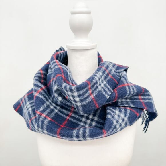 Burberry Scarf Wool Authentic Navy Plaid Nova Check Winter Fringe Lambswool - Picture 1 of 5